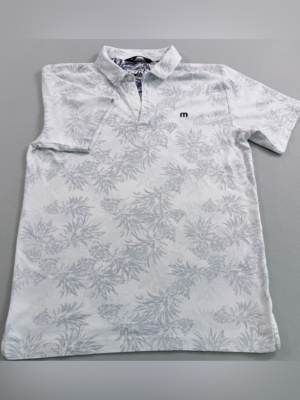 TravisMathew Pineapple Print Polo White Gray Golf Shirt